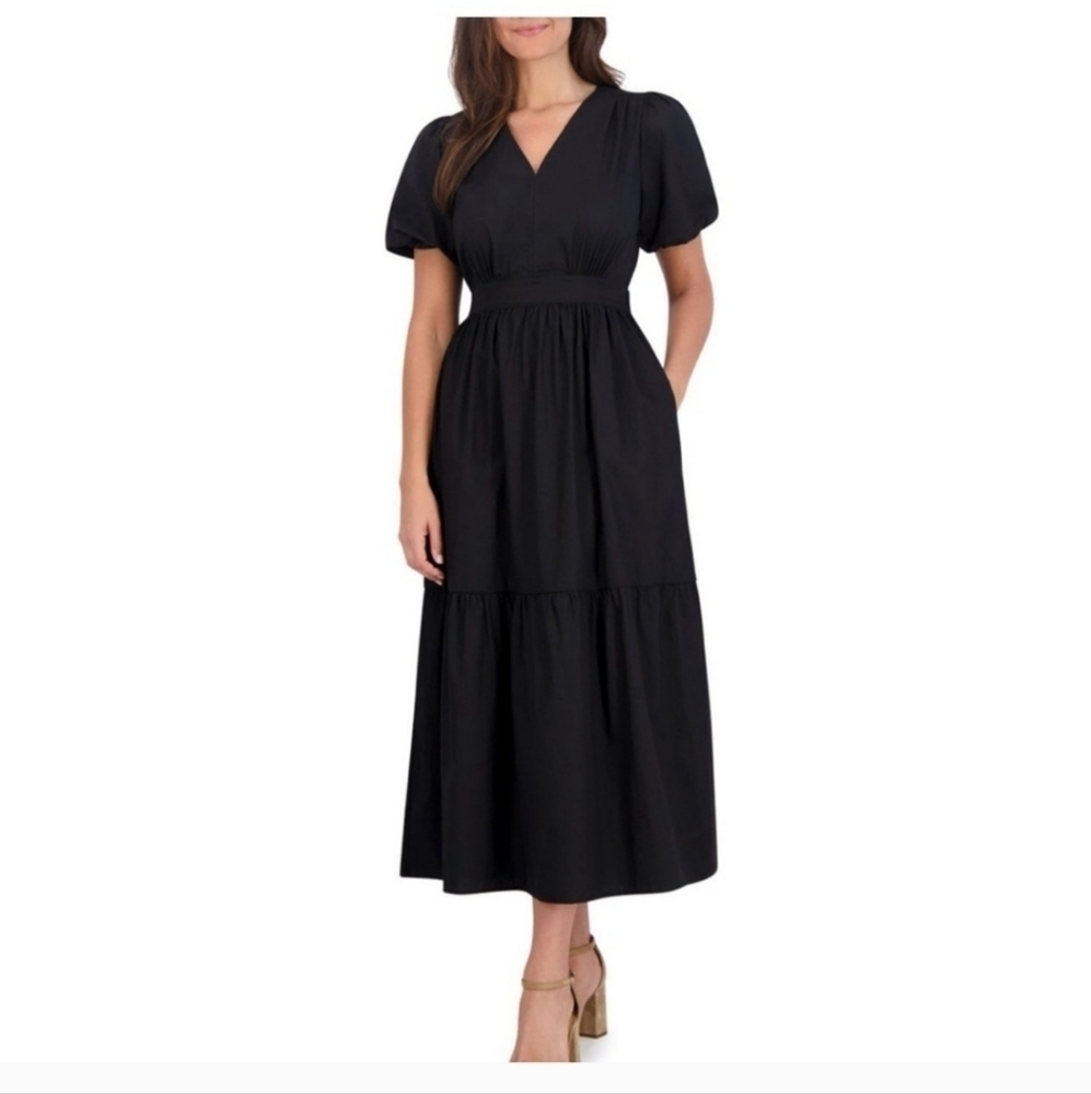 French Connection cotton Puff Sleeve black poplin cottagecore Maxi Dress xxl nwt